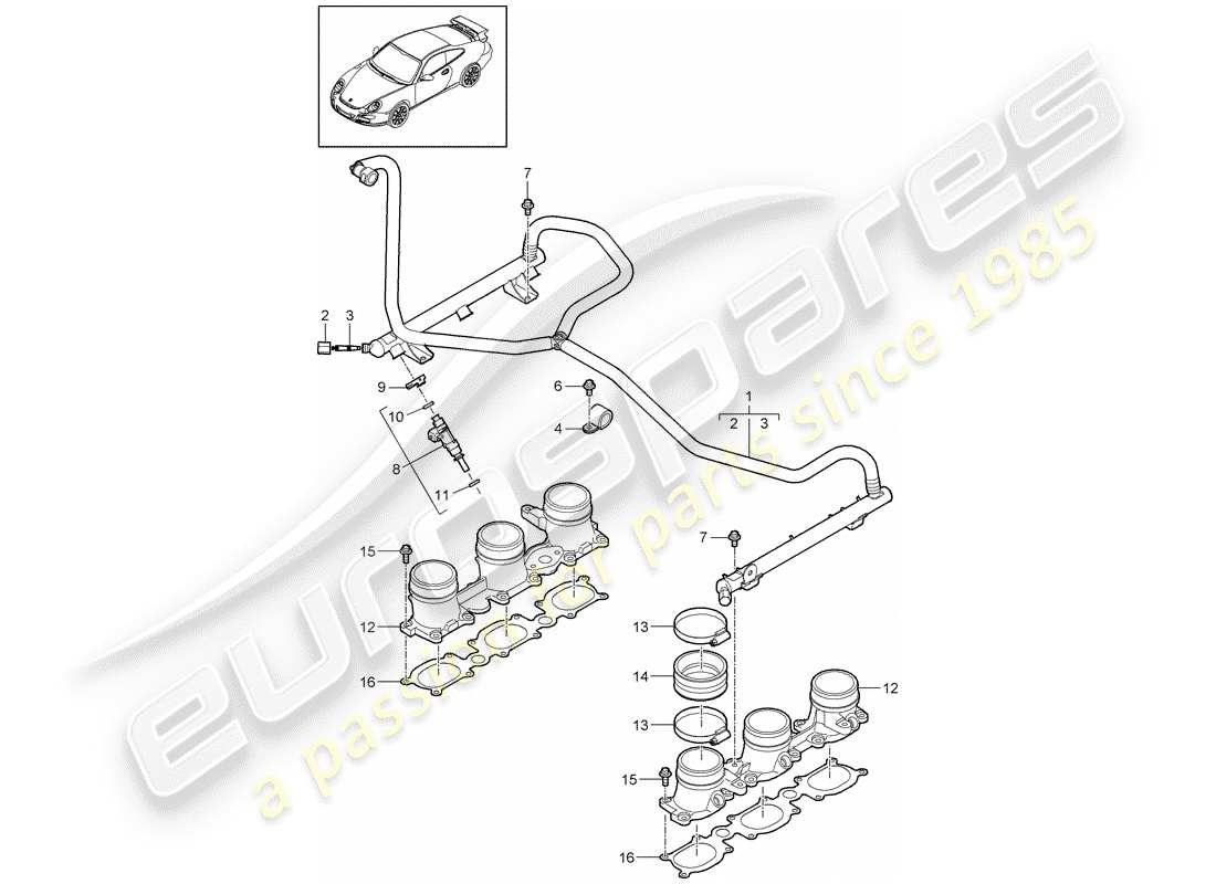 porsche 997 gt3 (2007) fuel collection pipe part diagram