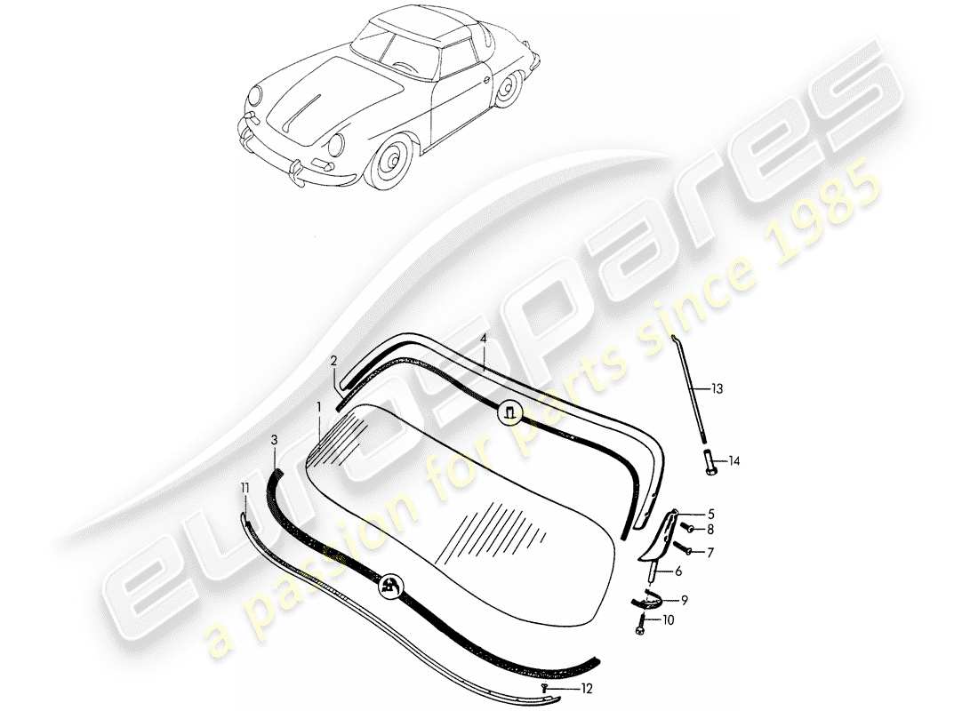porsche 1955 (356/356a) windshield glass part diagram