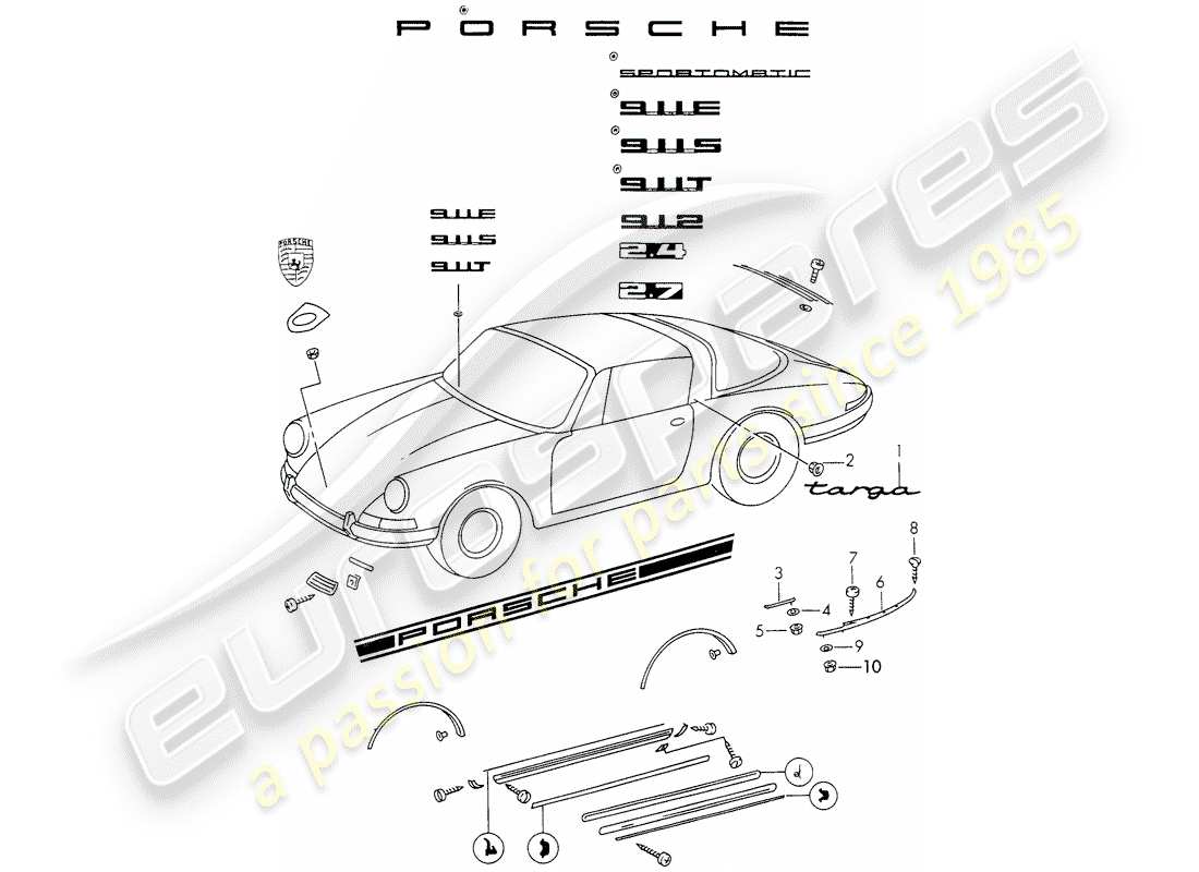 porsche 1973 (911) decorative fittings parts diagram