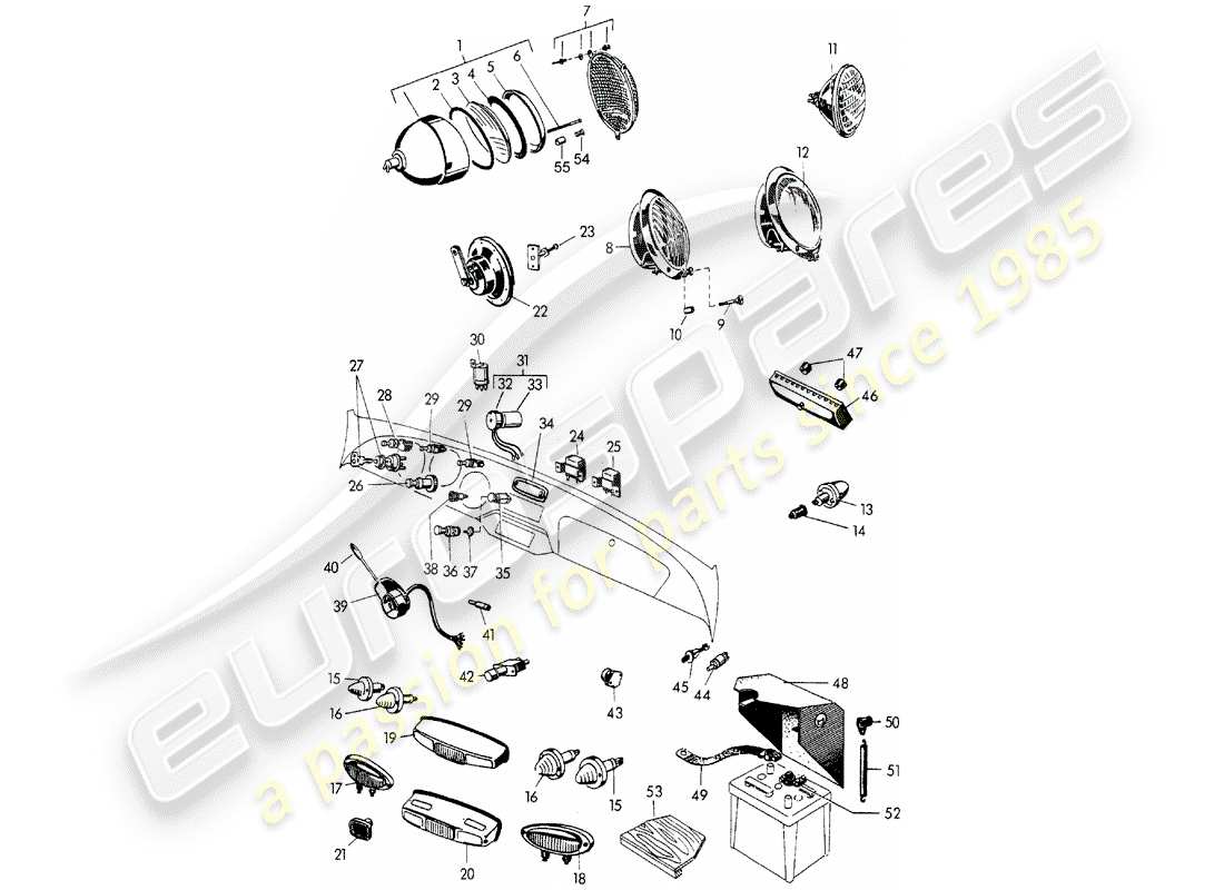 porsche 1955 (356/356a) headlamp - lights - and - switch - battery part diagram
