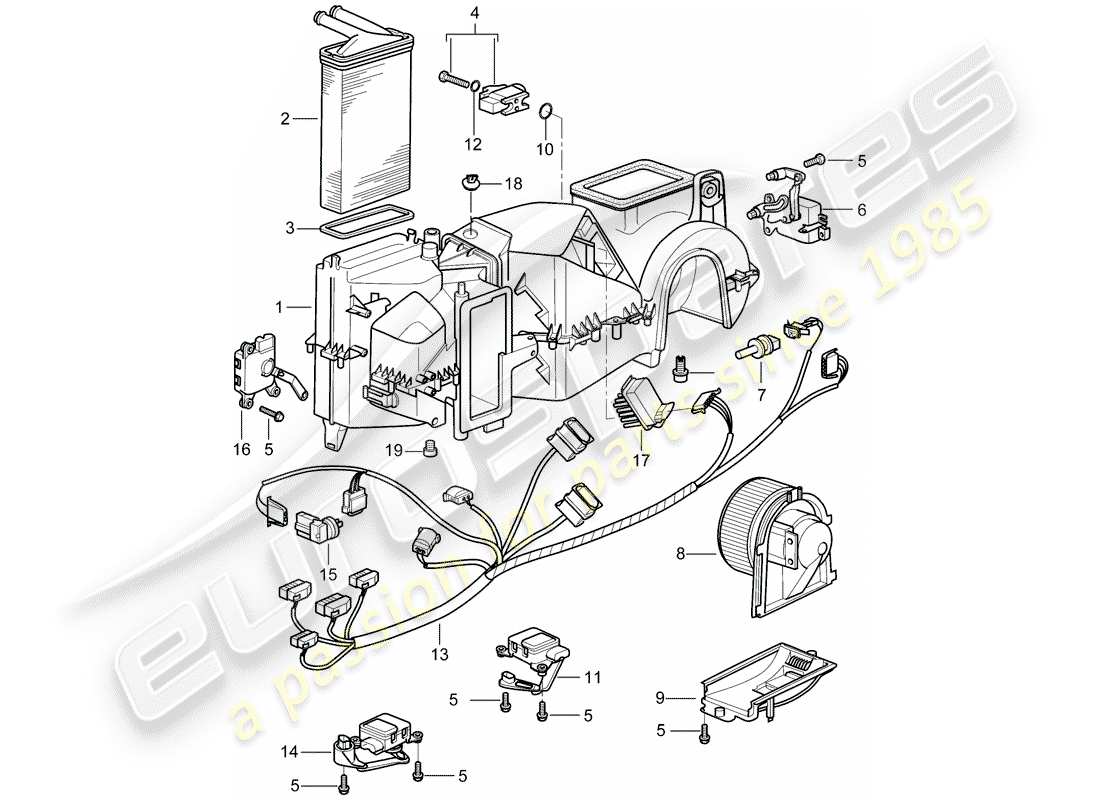 porsche 2001 (986 boxster) air distribution housing - single parts parts diagram