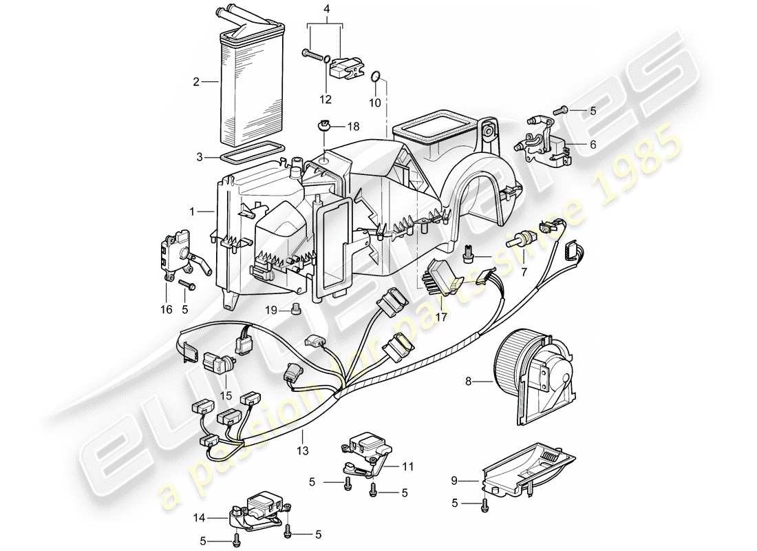 porsche boxster 986 (2001) air distribution housing - single parts parts diagram