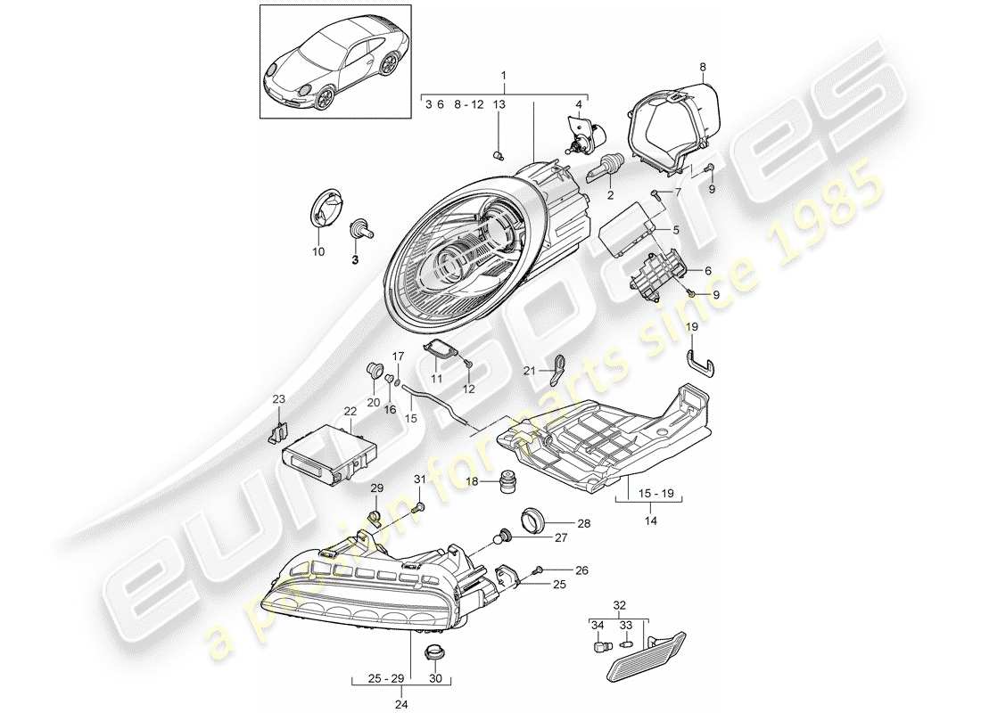 porsche 2011 (997-2) headlamp part diagram