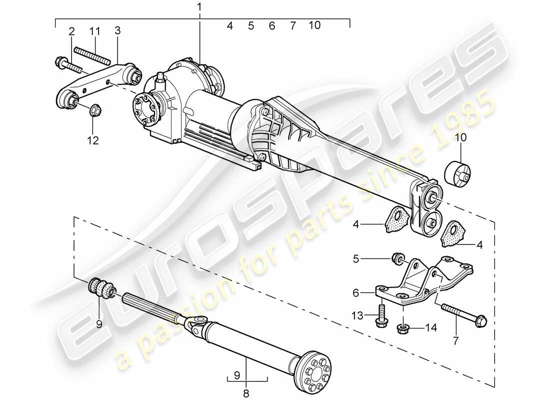 porsche 2001 (996 turbo / gt2) front axle differential - propeller shaft part diagram