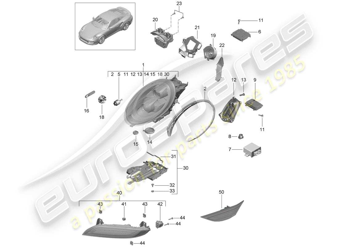 porsche 991 turbo (2017) led headlight part diagram