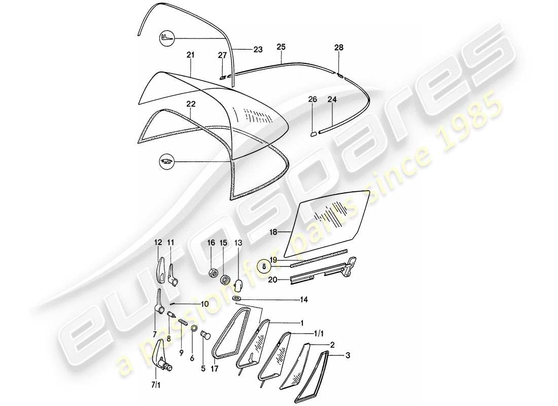 porsche 1976 (911) window glazing part diagram