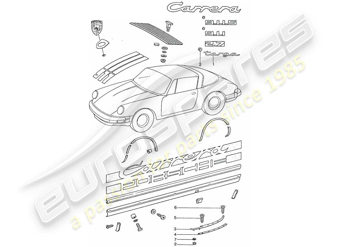 porsche 1976 (911) decorative fittings part diagram