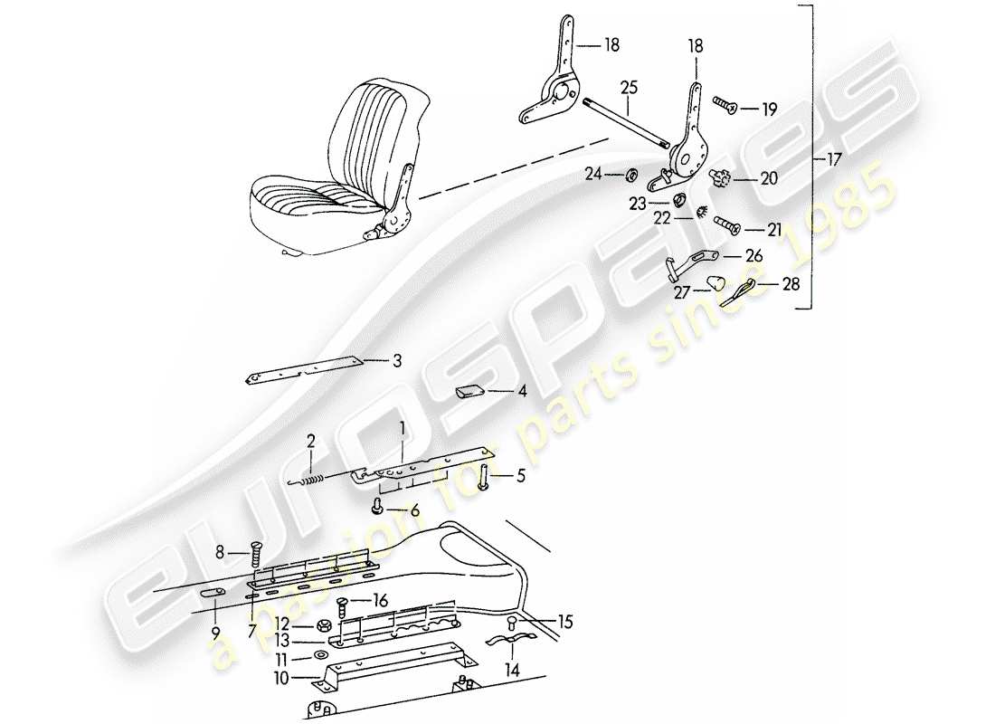 porsche 1965 (356b/356c) seat rail - seat rail support - and - reclining seat mechanism part diagram