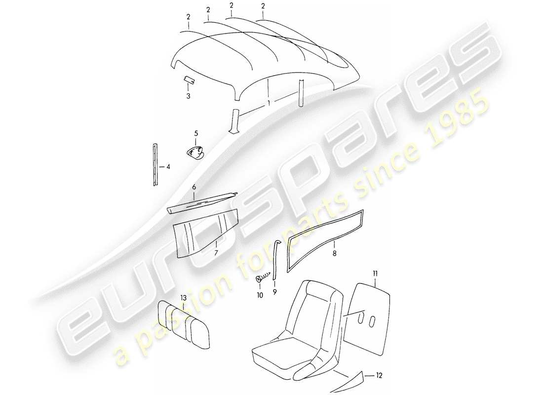 porsche 1955 (356/356a) trims - interior equipment part diagram