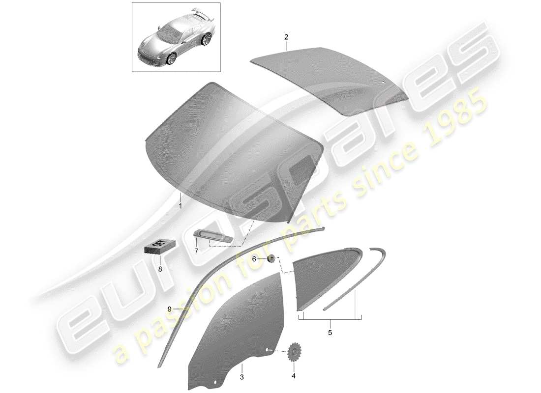 porsche 2019 (991-2 r/gt3/rs) windshield glass part diagram
