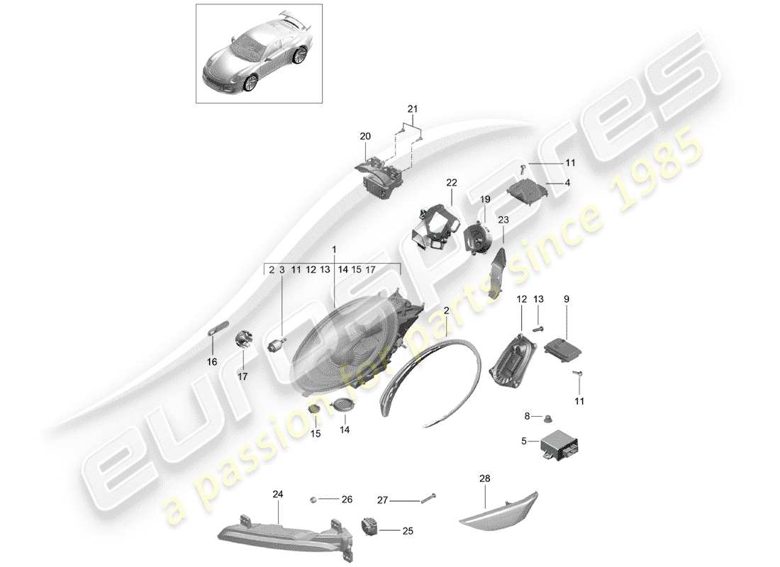 porsche 991r/gt3/rs (2014) headlamp part diagram