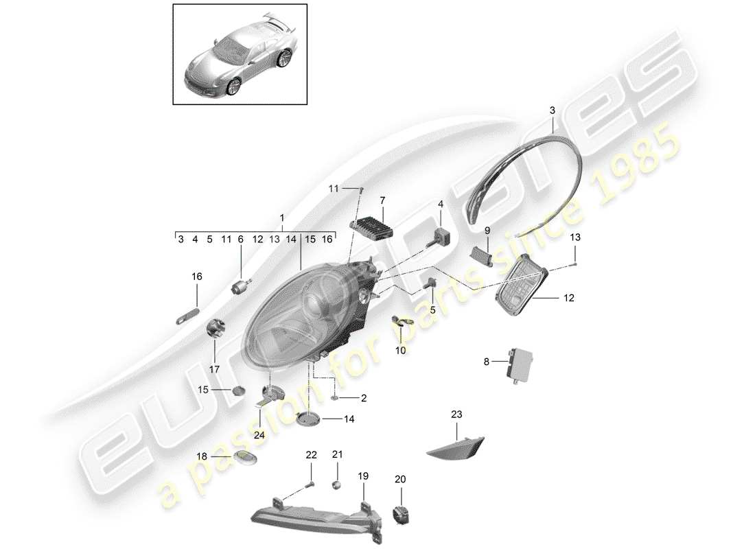 porsche 991r/gt3/rs (2014) headlamp parts diagram