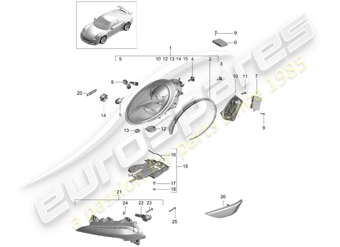 porsche 2020 (991-2 r/gt3/rs) headlamp part diagram