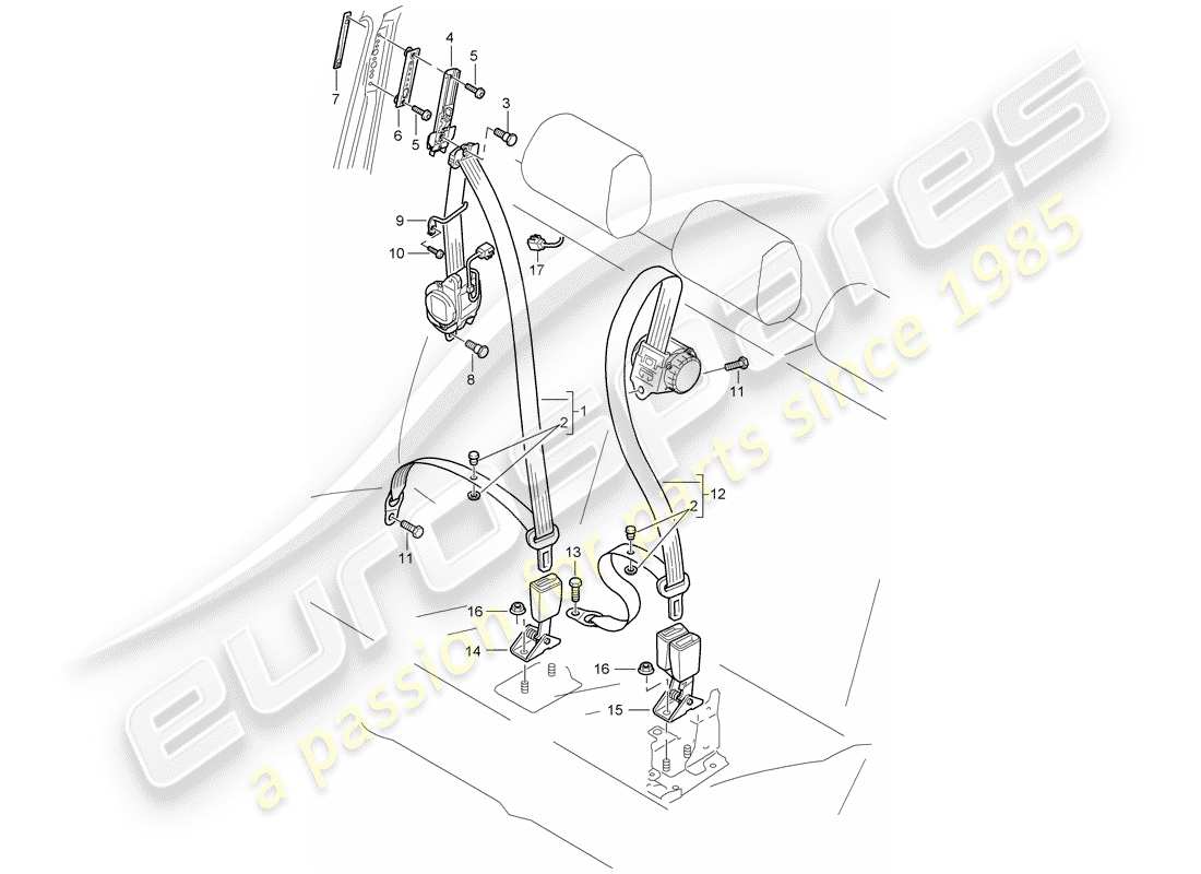porsche 2007 (cayenne e1 9pa) seat belt part diagram