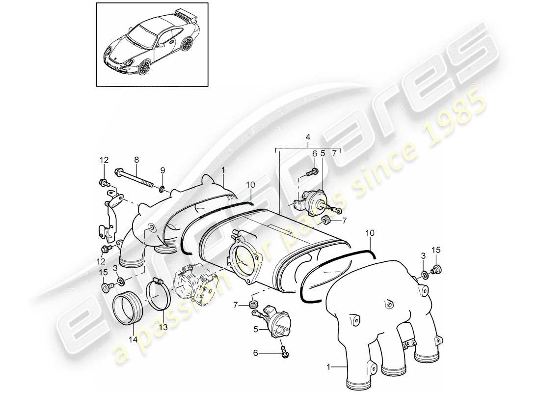porsche 2008 (997-1 gt3) intake air distributor part diagram