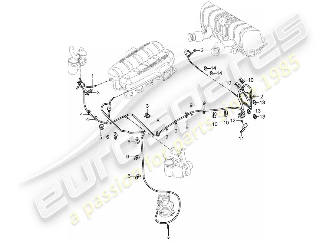 porsche 2004 (carrera gt) vacuum line - intake air distributor - vacuum tank - air injection - control box - exhaust silencer, rear part diagram