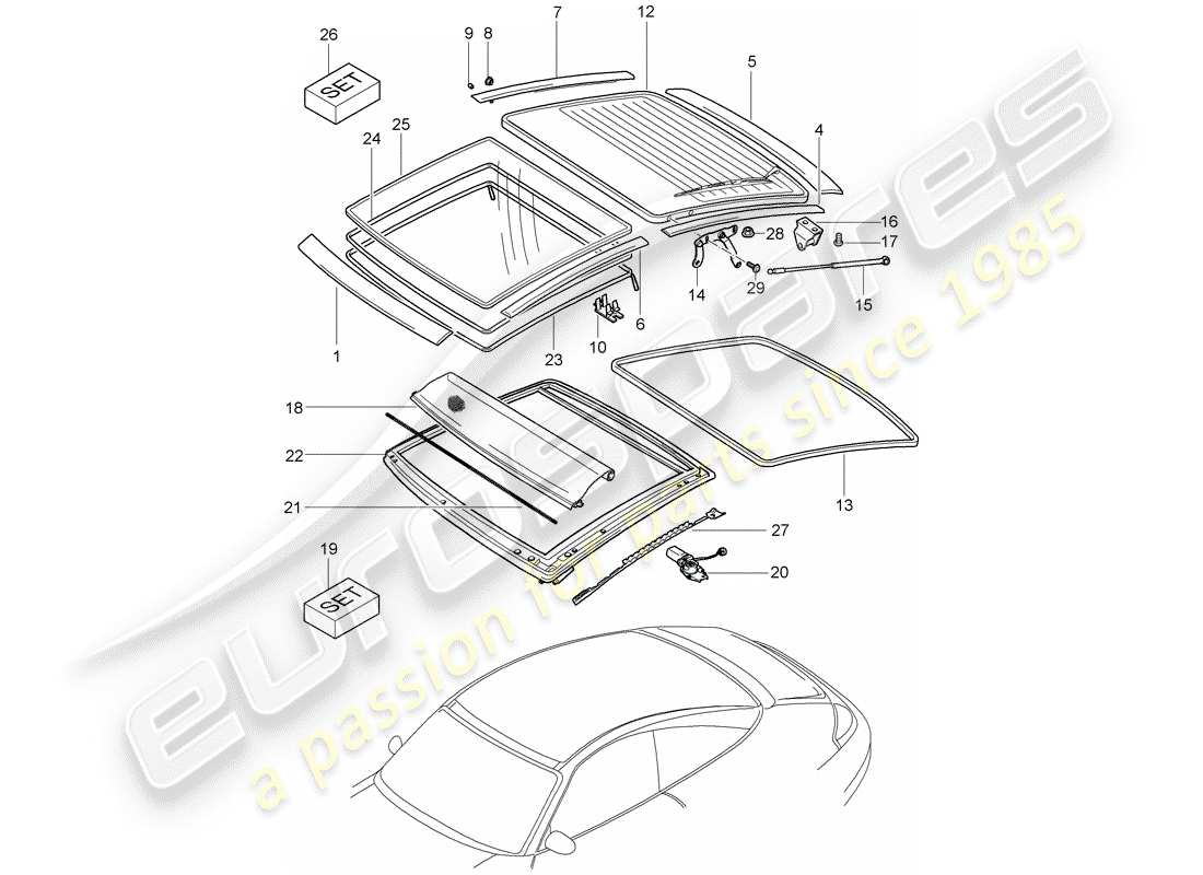 porsche 2004 (996) glass roof - trims part diagram