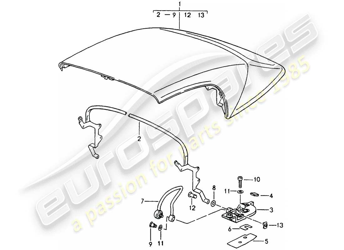 porsche 1990 (964) folding top - complete - main bow - single parts part diagram