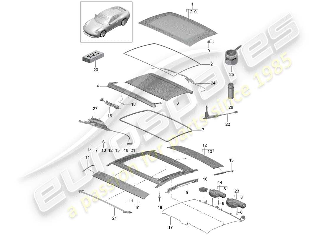 porsche 2020 (991-2) glass roof part diagram