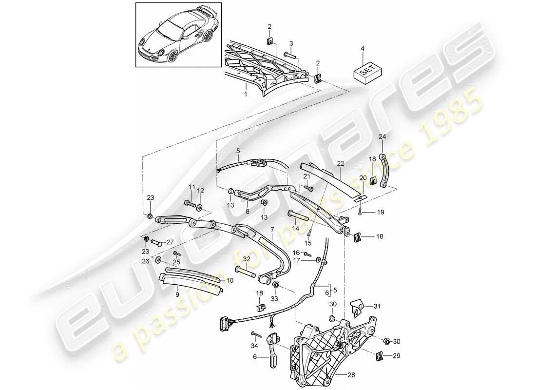 porsche 2013 (997-2 turbo / gt2 rs) top frame part diagram