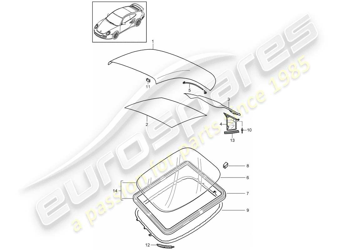 porsche 2007 (997-1 turbo / gt2) convertible top covering parts diagram