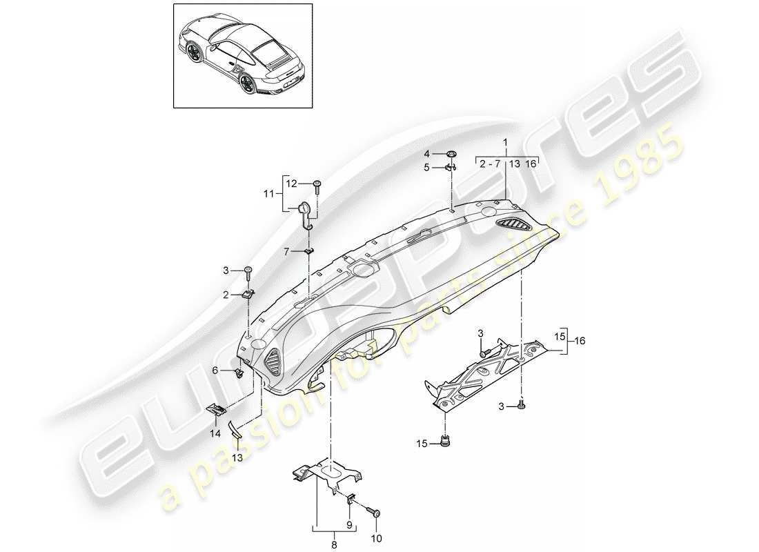 porsche 911 t/gt2rs (2012) dash panel trim part diagram