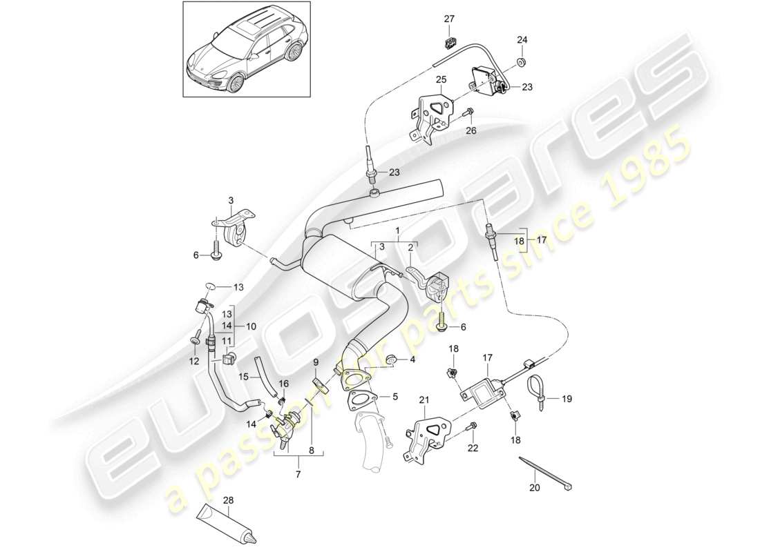 porsche 2014 (cayenne e2 92a) exhaust system catalytic converter injector for reduction agent nox sensor 2 particle sensor part diagram