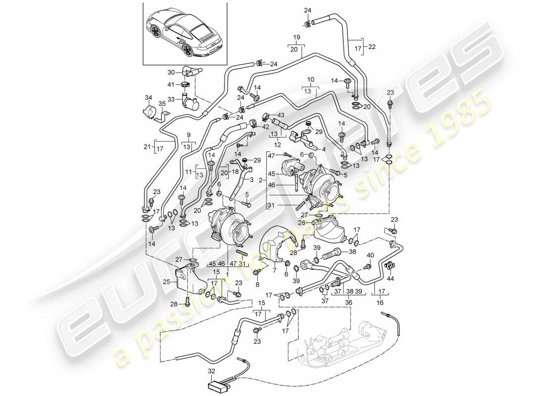 porsche 911 t/gt2rs (2012) exhaust gas turbocharger part diagram