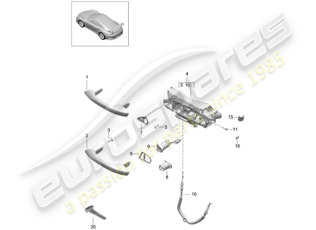 porsche 2015 (991-1 r/gt3/rs) door handle, outer parts diagram