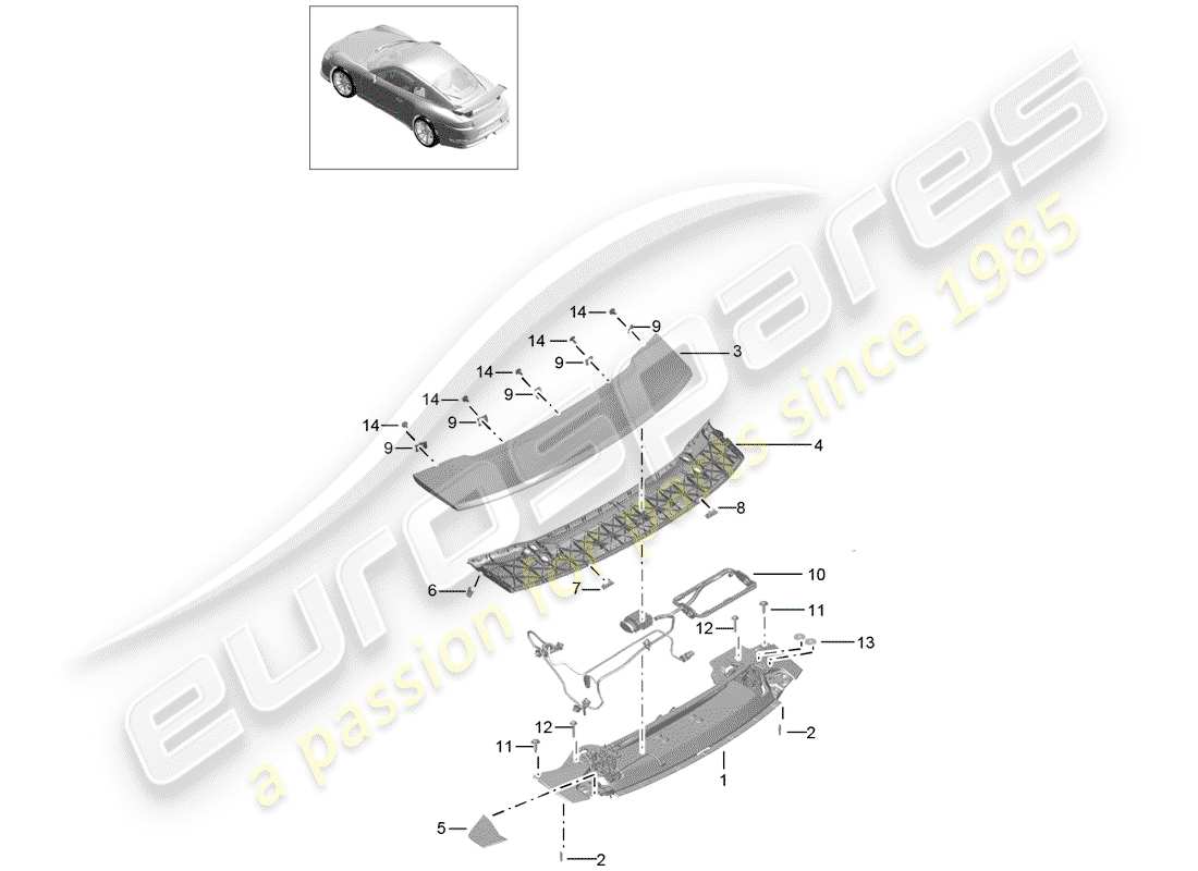 porsche 2014 (991-1 r/gt3/rs) rear spoiler part diagram
