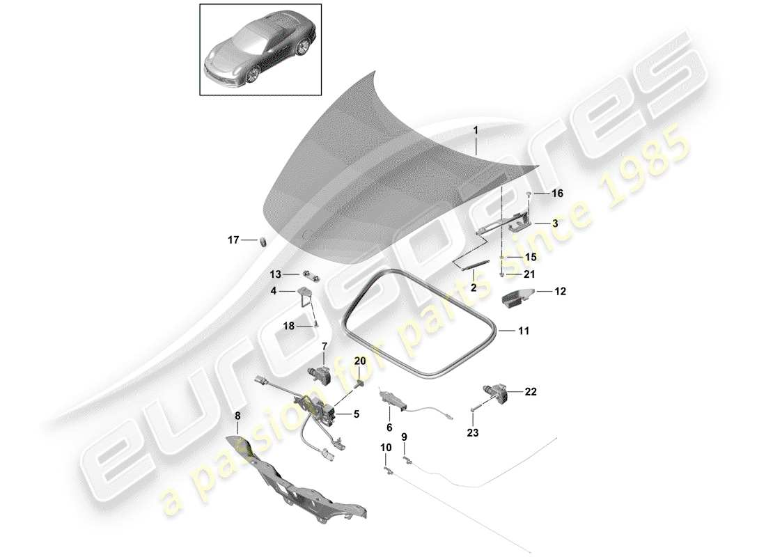 porsche 991r/gt3/rs (2014) hood part diagram