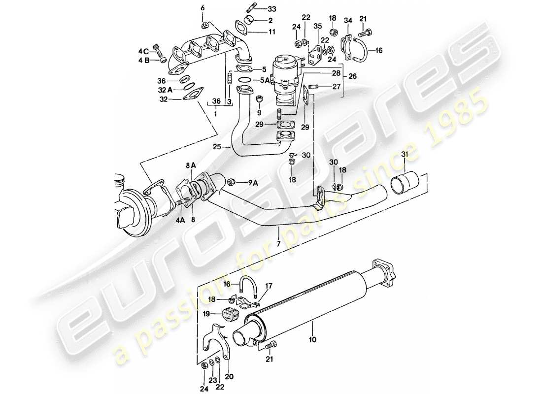porsche 1980 (924) exhaust system - exhaust silencer, front part diagram