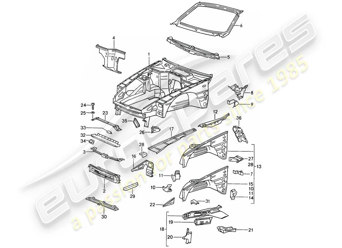 porsche 1992 (968) body front section parts diagram