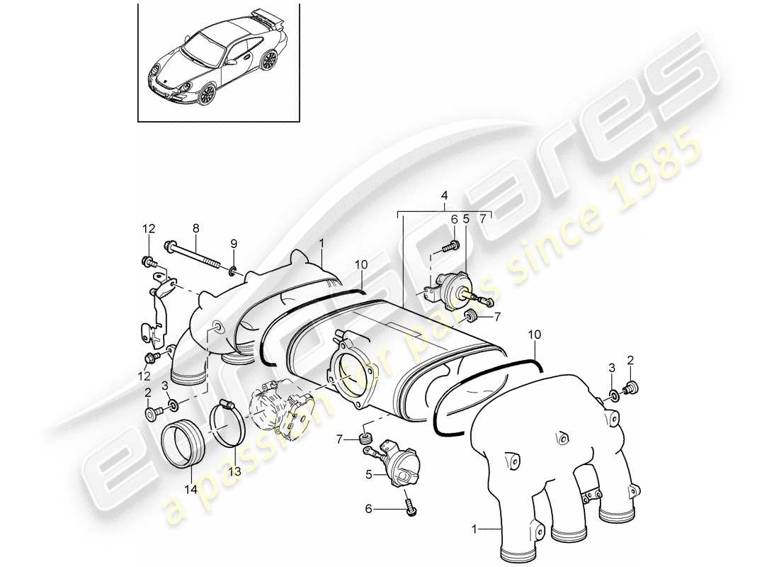 porsche 997 gt3 (2007) intake air distributor part diagram