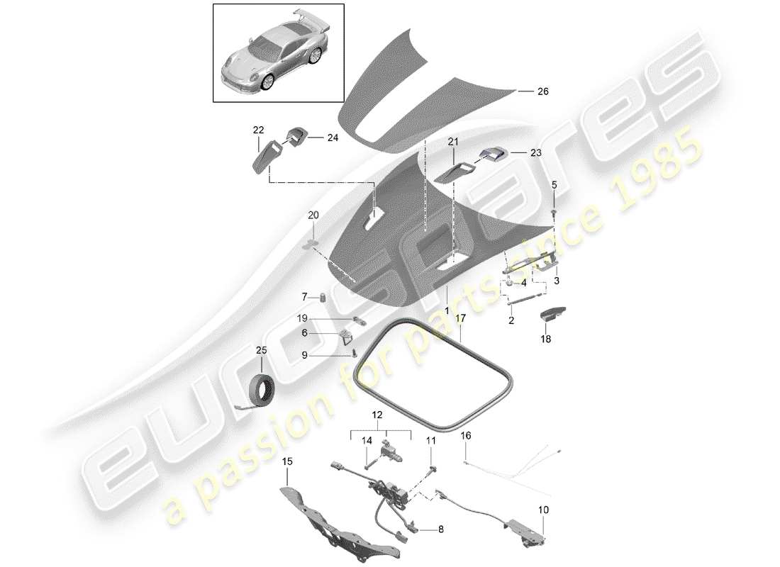 porsche 991 turbo (2017) hood part diagram