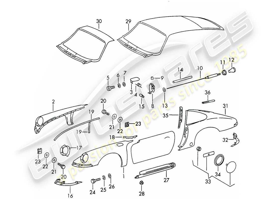 porsche 1969 (911/912) exterior panelling part diagram