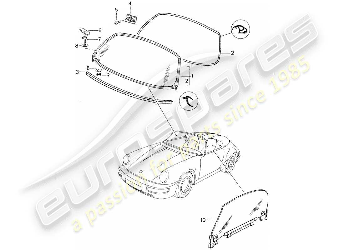 porsche 1990 (964) window glazing part diagram