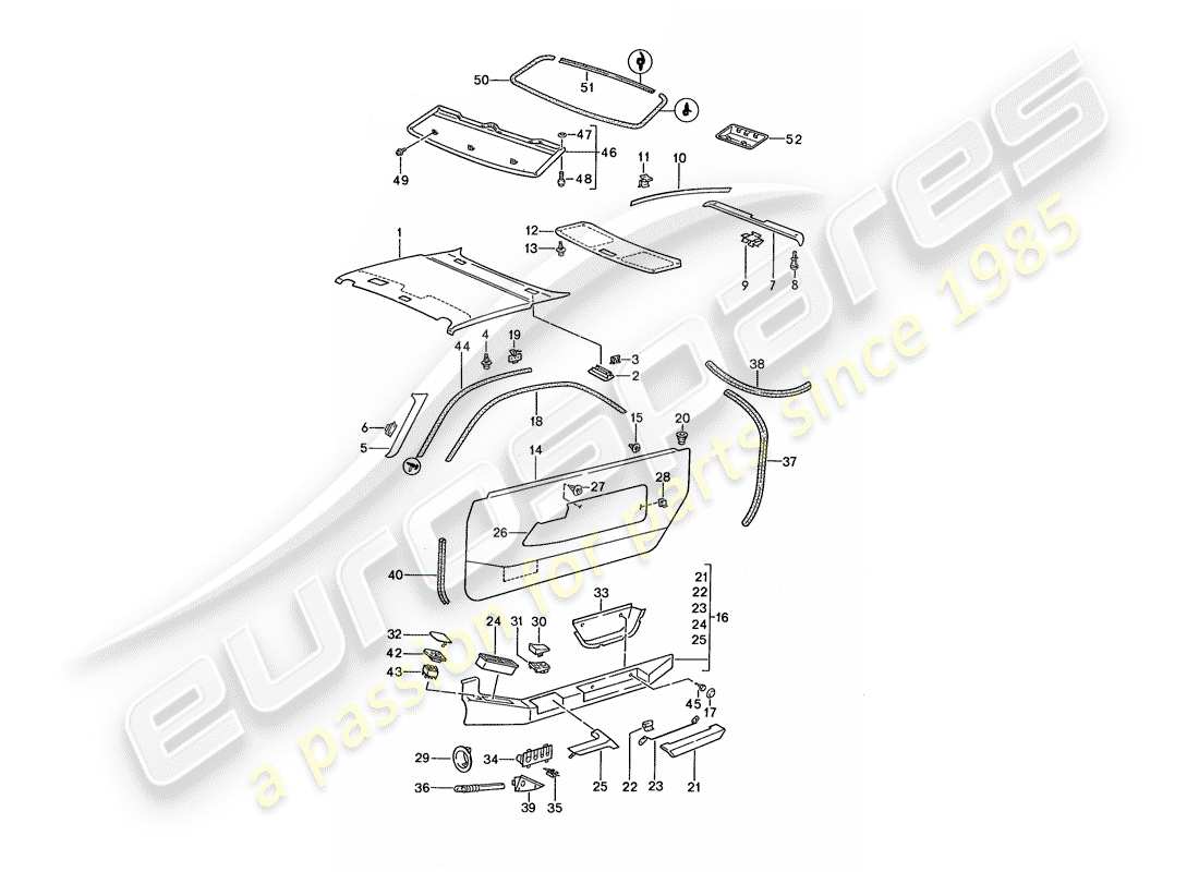 porsche 1989 (928) door panel - roof trim panel part diagram