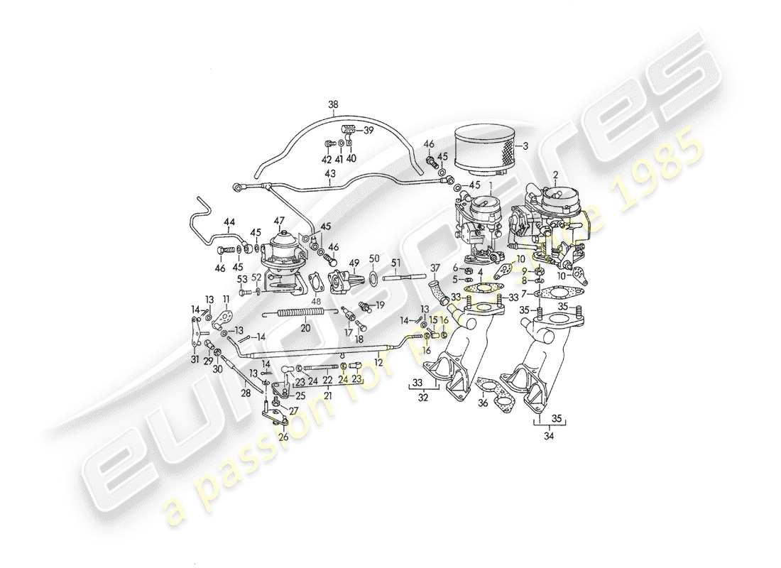 porsche 1955 (356/356a) carburetor - solex 32pbj - solex 40pjcb - and - fuel supply line part diagram