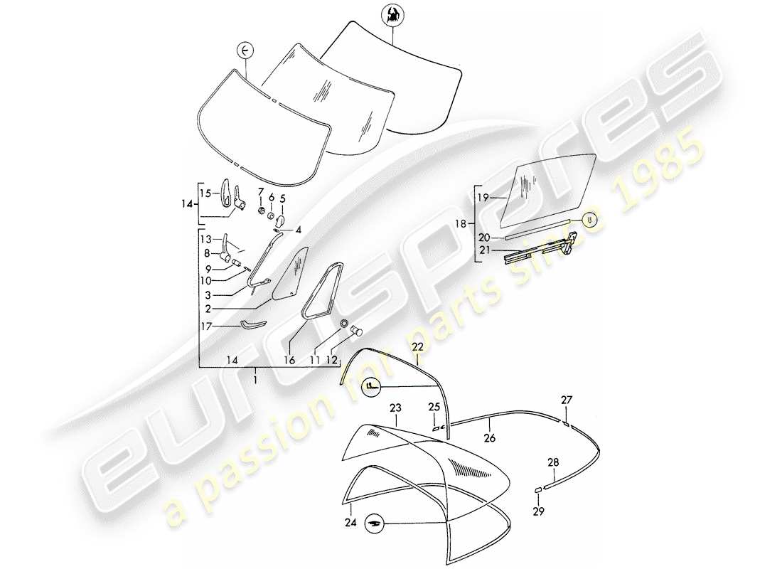 porsche 1966 (911/912) window glazing part diagram