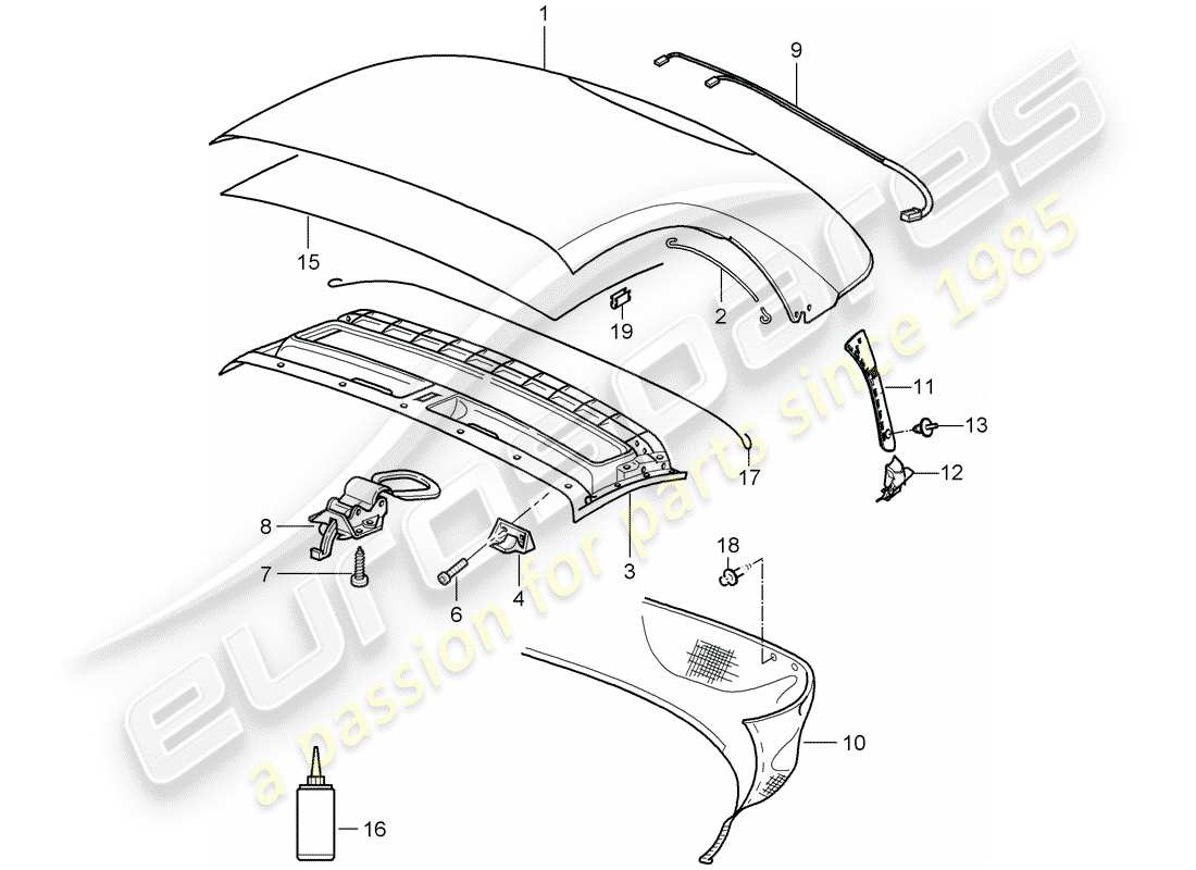 porsche 2008 (987 boxster) convertible top covering part diagram