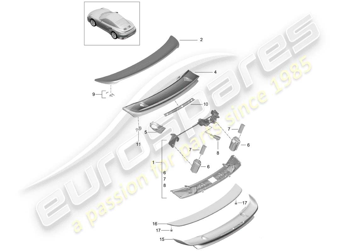 porsche 991 turbo (2014) rear spoiler parts diagram