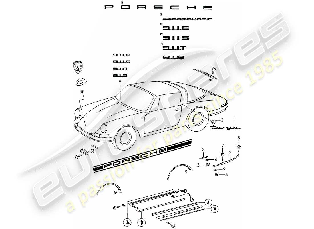 porsche 1968 (911/912) decorative fittings part diagram