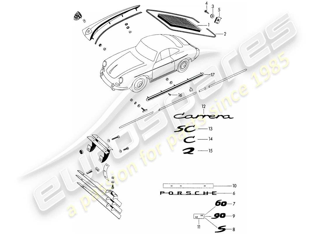 porsche 356b/356c (1965) decorative fittings - - parts not listed - see group - 8/10/00 part diagram
