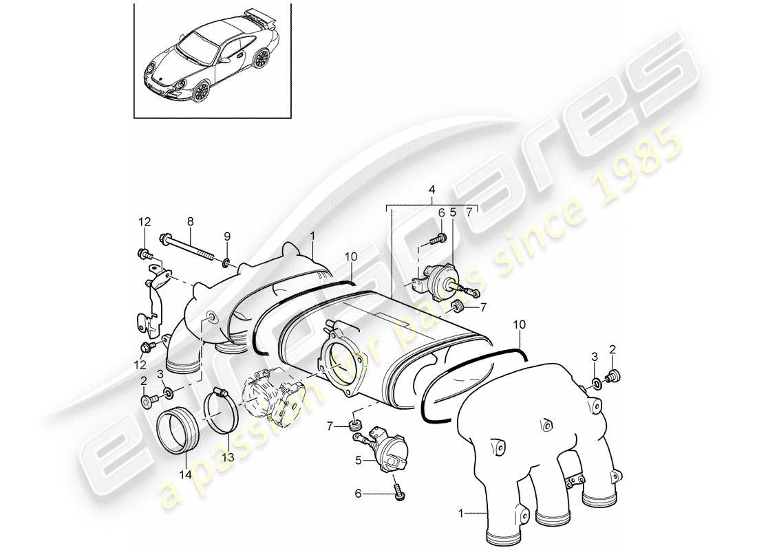porsche 2008 (997-1 gt3) intake air distributor part diagram