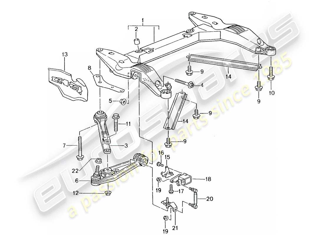 porsche boxster 986 (2002) cross member - track control arm parts diagram