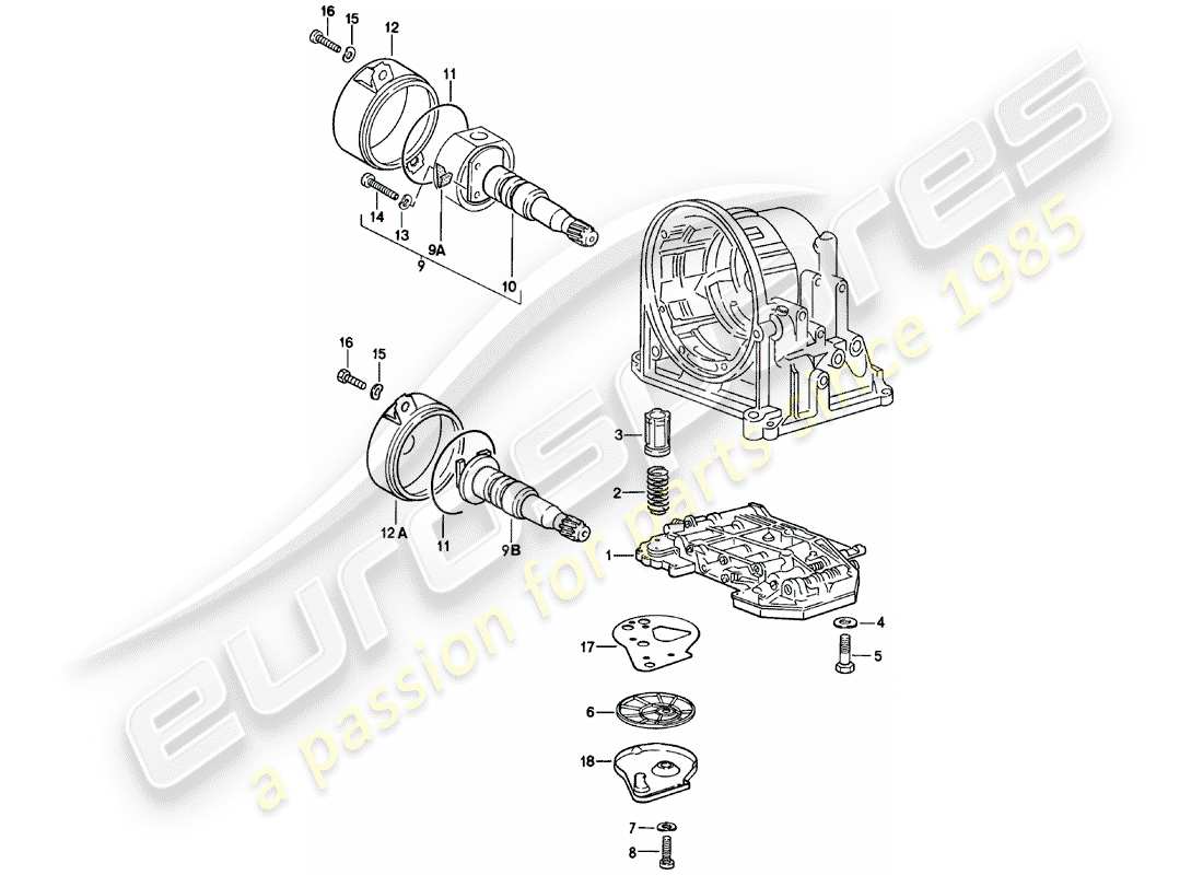 porsche 924 (1980) shift-valve body - governor - oil strainer - automatic transmission part diagram