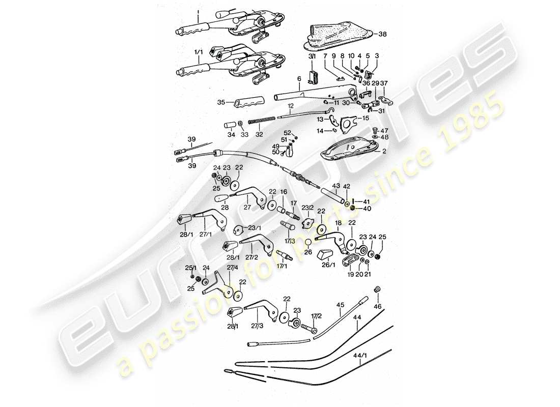 porsche 1976 (911 turbo) operating lever - handbrake - manual throttle part diagram