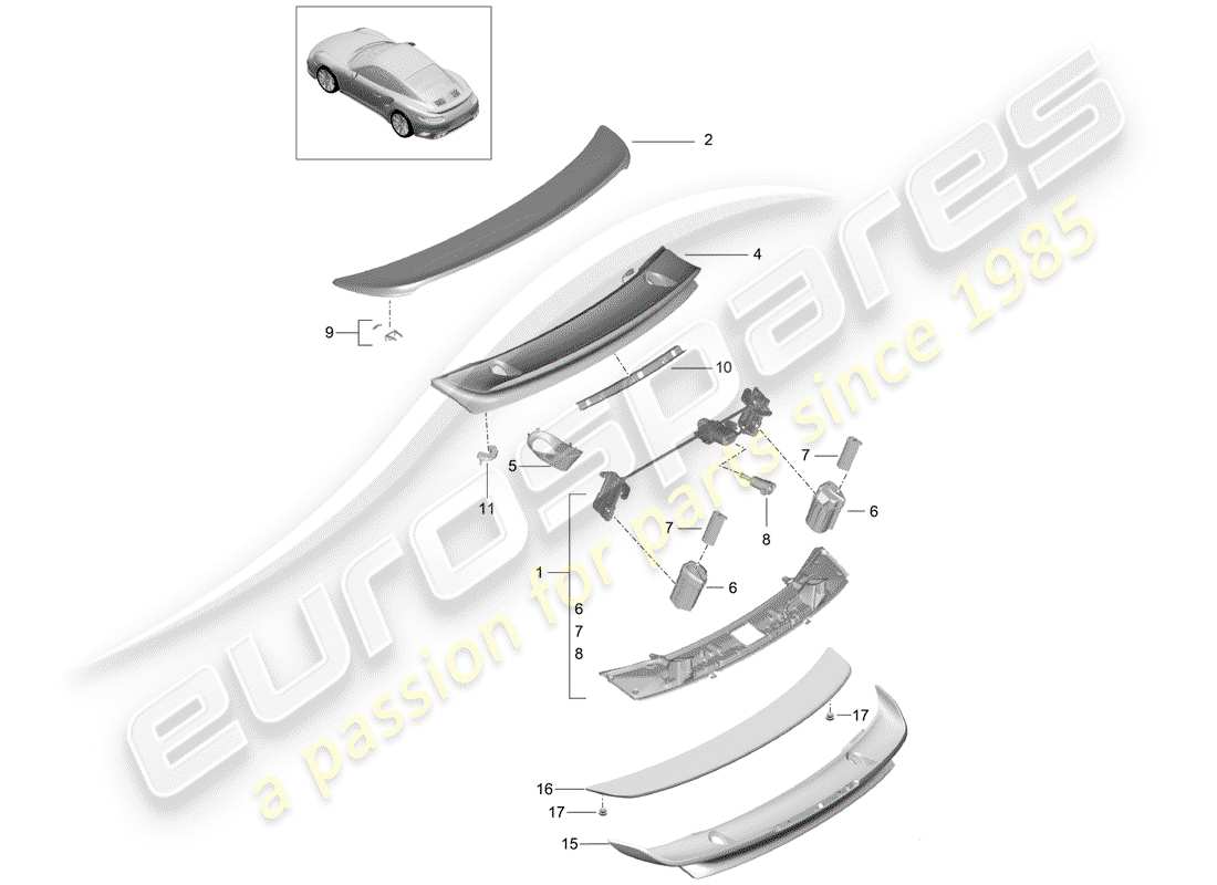 porsche 2016 (991-1 turbo) rear spoiler part diagram