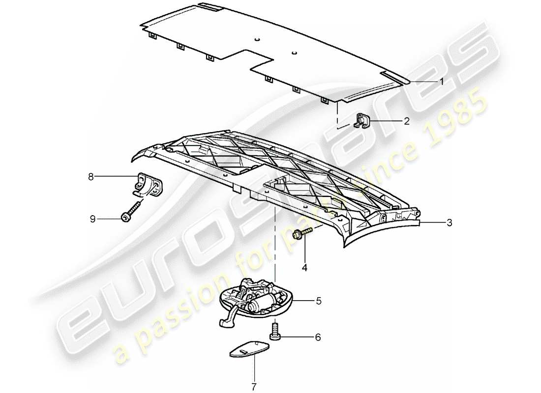 porsche 2004 (996 turbo / gt2) top frame - roof frame - catch part diagram
